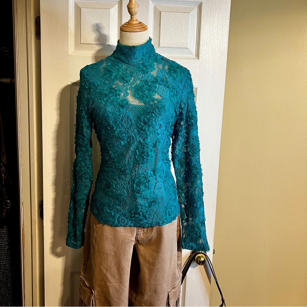 New Jade Lace Appliqué 3D Floral Victorian Retro‎ Romantic Top S